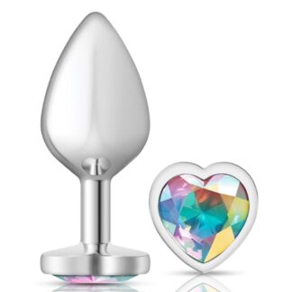 Clear Iridescent Heart Gem Silver Metal Plug - Medium